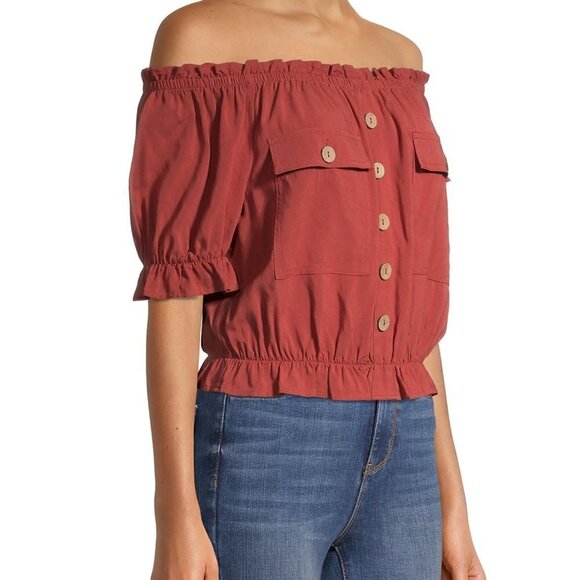 No Boundaries Juniors' Off Shoulder Woven Top - Picture 2 of 5